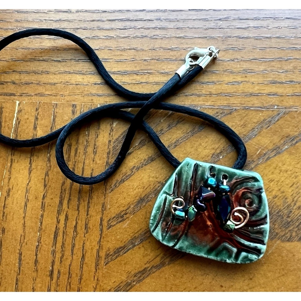 Glazed Stone Pendant / Brooch Green & Bronze Glaze Embellished w/ Faceted Beads